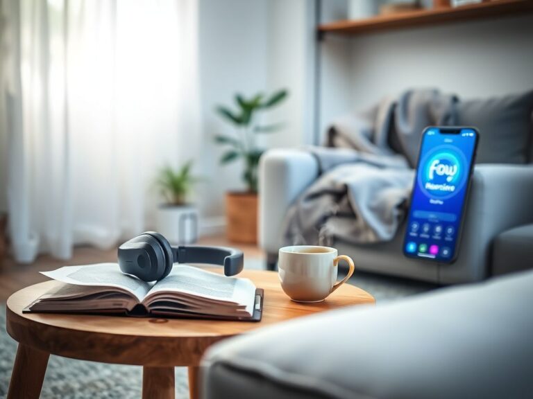 Flick International Modern brain-stimulation headset on a wooden table in a serene home setting
