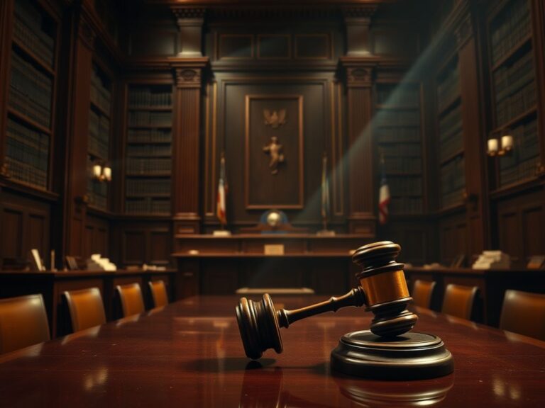 Flick International Dramatic courtroom scene with an empty jury box and judge's bench, symbolizing a challenging trial atmosphere.