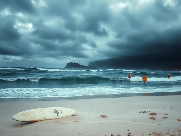 Flick International Turbulent beach waters with a surfboard and warning signs in New South Wales