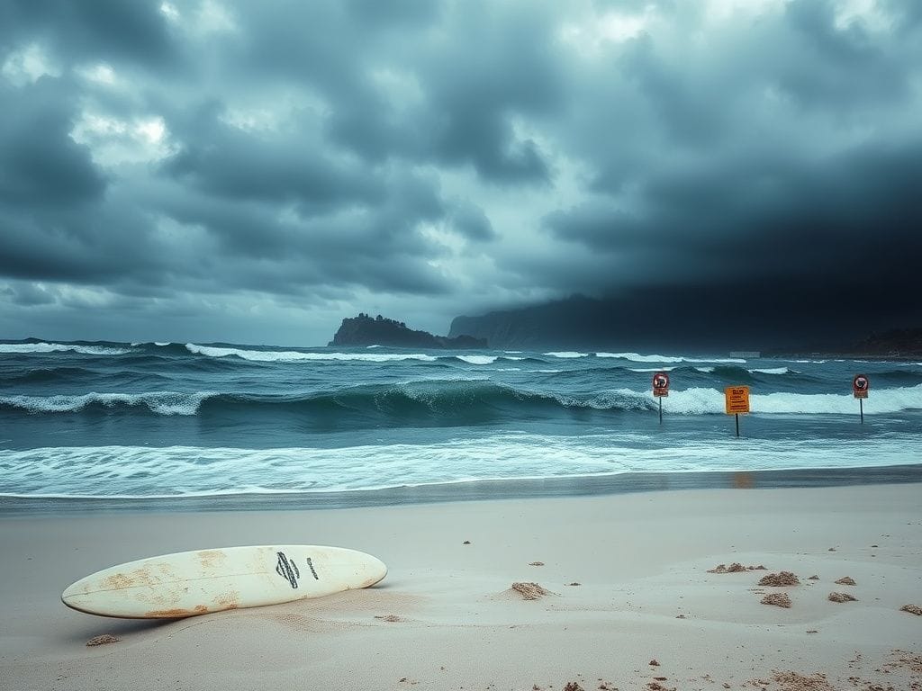 Flick International Turbulent beach waters with a surfboard and warning signs in New South Wales