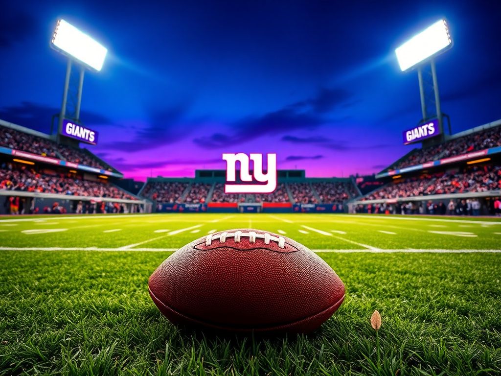 Flick International A vibrant football stadium with the New York Giants logo at dusk