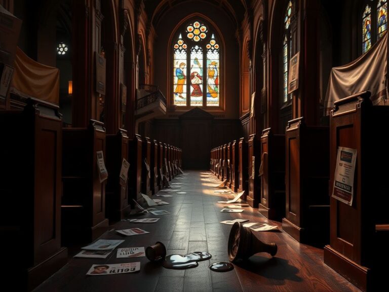 Flick International Dramatic interior view of an old church with scattered protest flyers and banners
