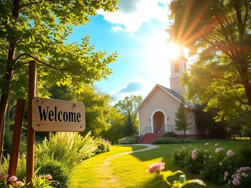 Flick International A serene church scene with a welcoming sign surrounded by greenery
