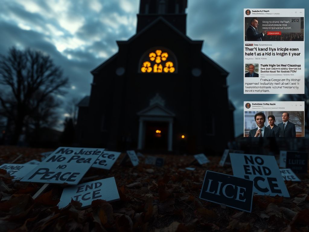 Flick International Protest signs left at a historic Christian church against ICE