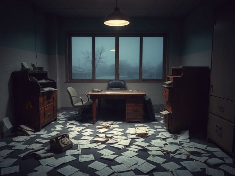 Flick International Abandoned office space with scattered papers reflecting chaos in a murder investigation