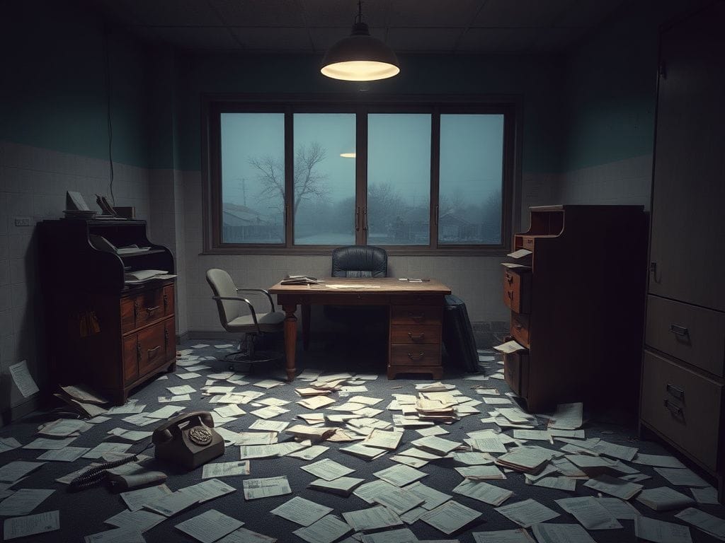 Flick International Abandoned office space with scattered papers reflecting chaos in a murder investigation