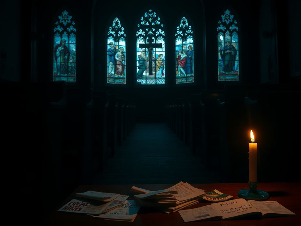 Flick International Dimly lit church interior with empty pews and a flickering candle