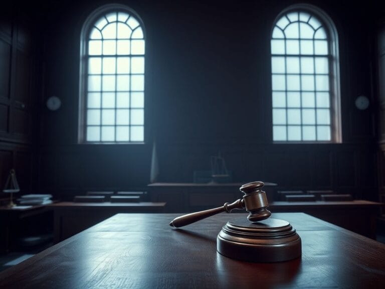 Flick International A somber courtroom scene featuring a large wooden judge's bench and gavel in a muted light