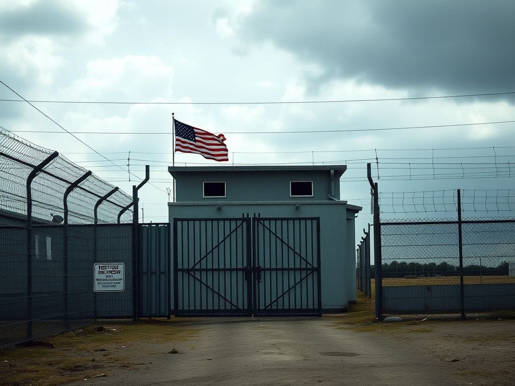 Flick International Stark immigration detention facility with high fences and barbed wire under ominous clouds