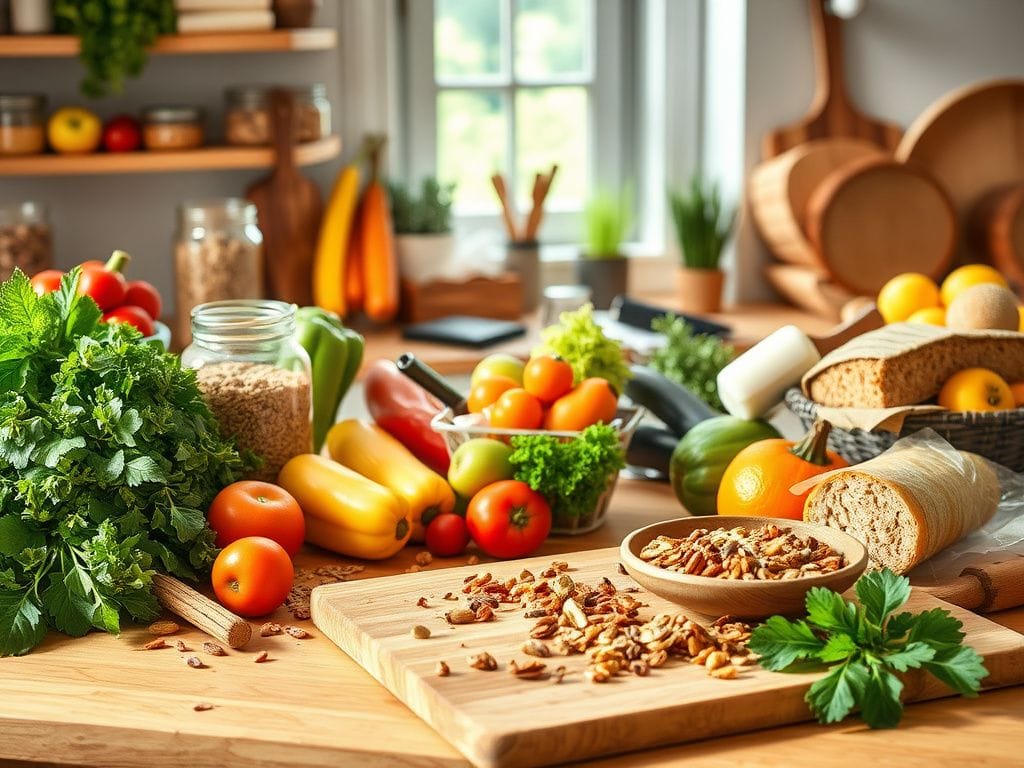 Flick International An organic kitchen countertop filled with vibrant whole foods like fruits, vegetables, and grains