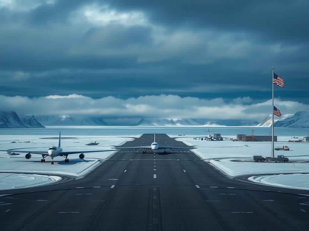 Flick International Aerial view of the Pituffik Space Base in Greenland with NORAD aircraft ready for action against a backdrop of snow-capped mountains