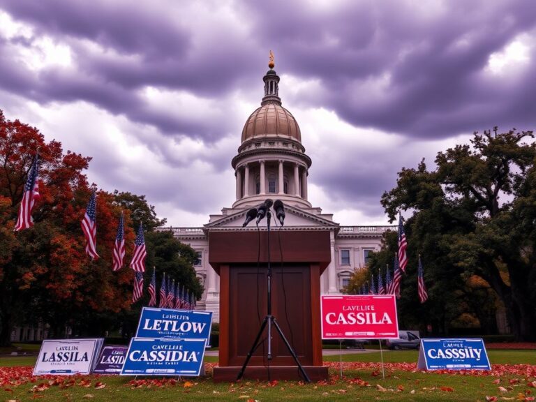 Flick International A dramatic scene at the Louisiana State Capitol with an empty podium and campaign signs