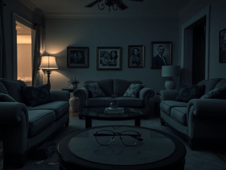 Flick International Dimly lit interior of an affluent home crime scene with eyeglasses on the table