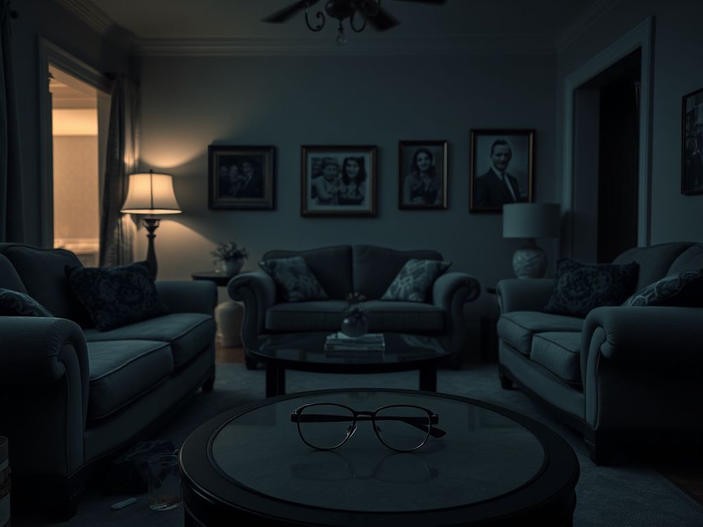 Flick International Dimly lit interior of an affluent home crime scene with eyeglasses on the table
