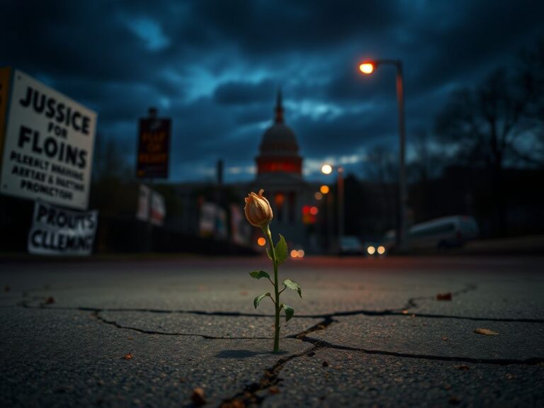 Flick International A somber cityscape at dusk with blurred protest signs and illuminated streetlights