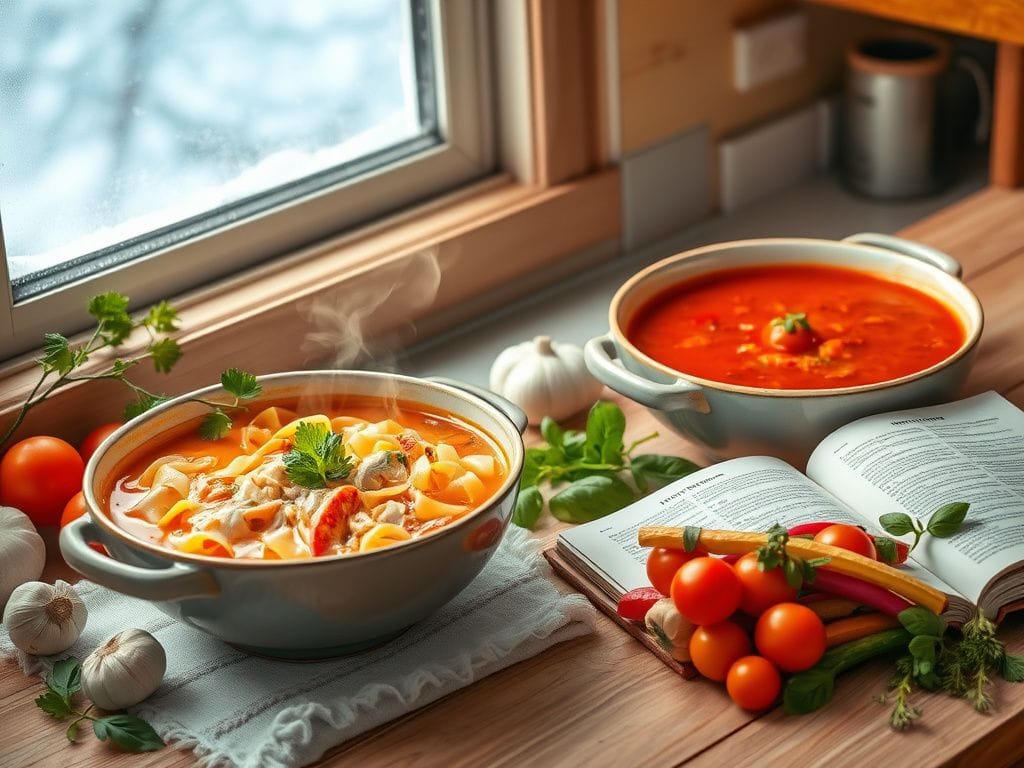 Flick International Cozy winter kitchen scene featuring two bowls of soup