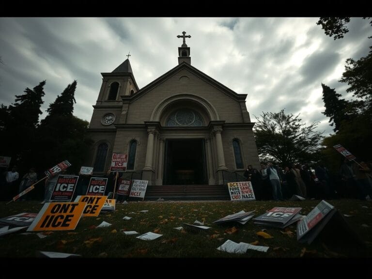 Flick International Exterior view of a historic church with protest signs scattered around