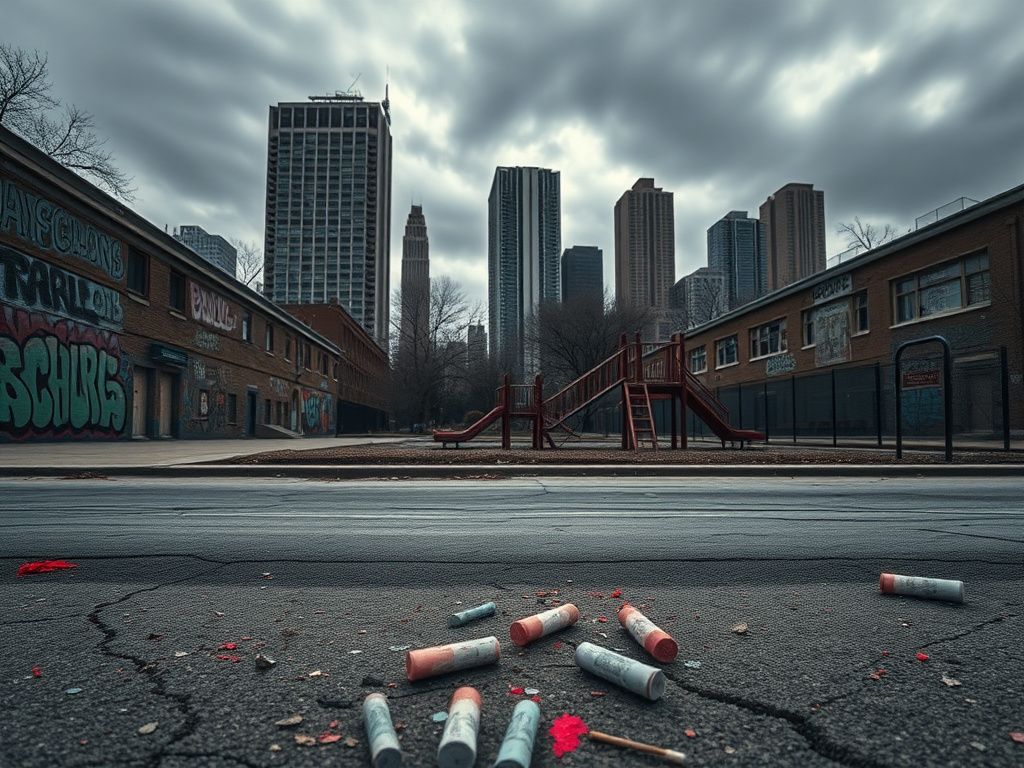 Flick International A somber urban landscape in Chicago showcasing abandoned schoolyards and graffiti-covered walls