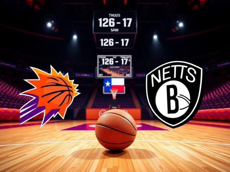 Flick International Basketball court showcasing Phoenix Suns and Brooklyn Nets colors with a basketball resting on it