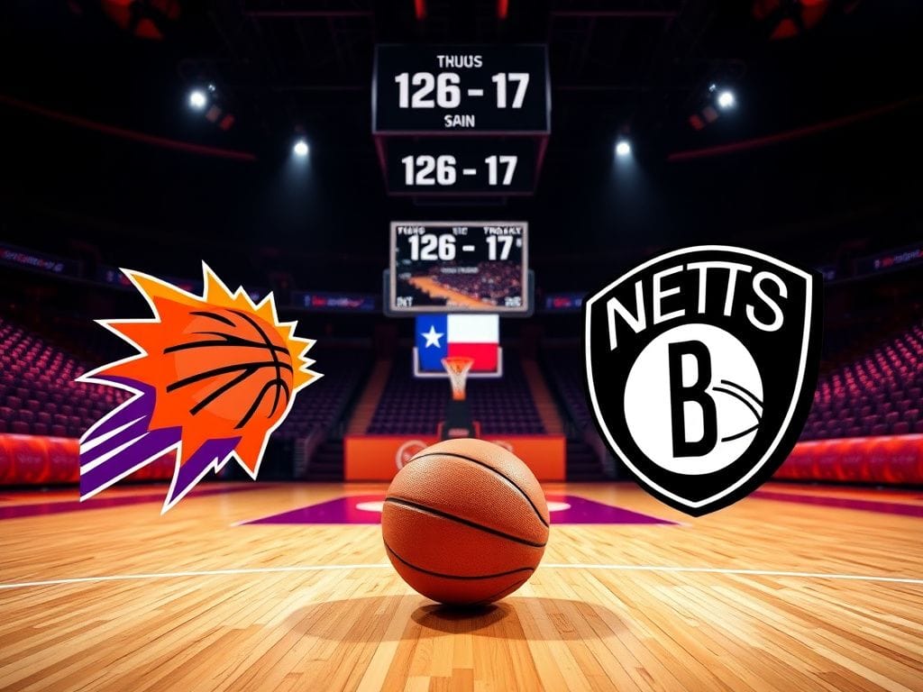 Flick International Basketball court showcasing Phoenix Suns and Brooklyn Nets colors with a basketball resting on it