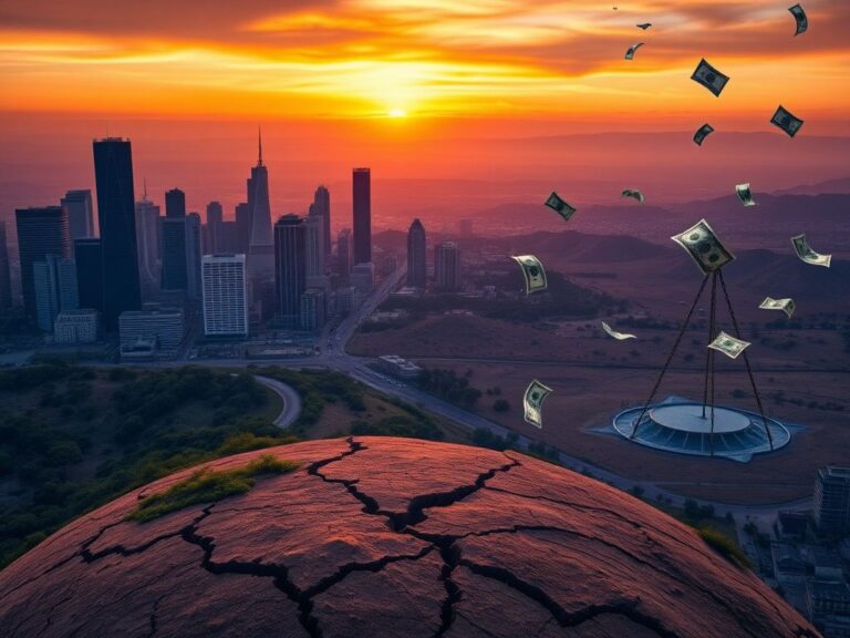 Flick International Aerial view of California's skyline at sunset with modern skyscrapers and cracked earth foreground