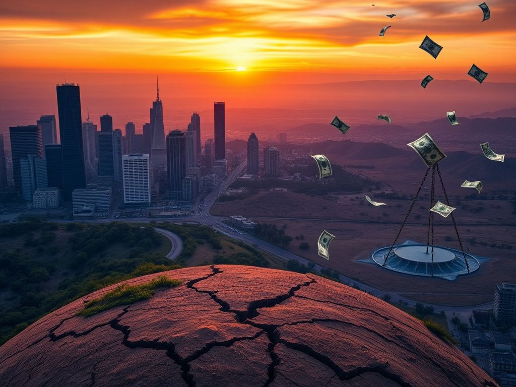Flick International Aerial view of California's skyline at sunset with modern skyscrapers and cracked earth foreground