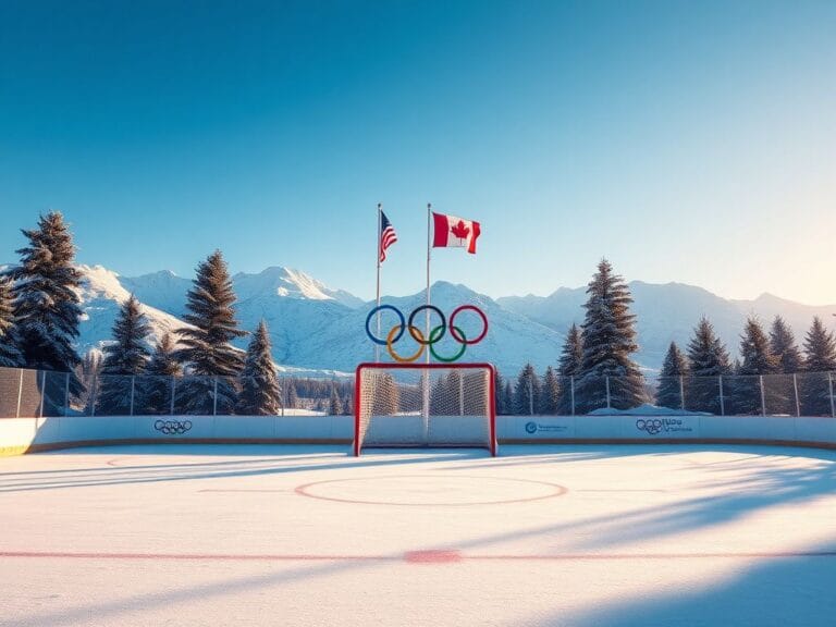 Flick International A serene winter landscape featuring an empty ice hockey rink set against snow-covered mountains under a clear blue sky.