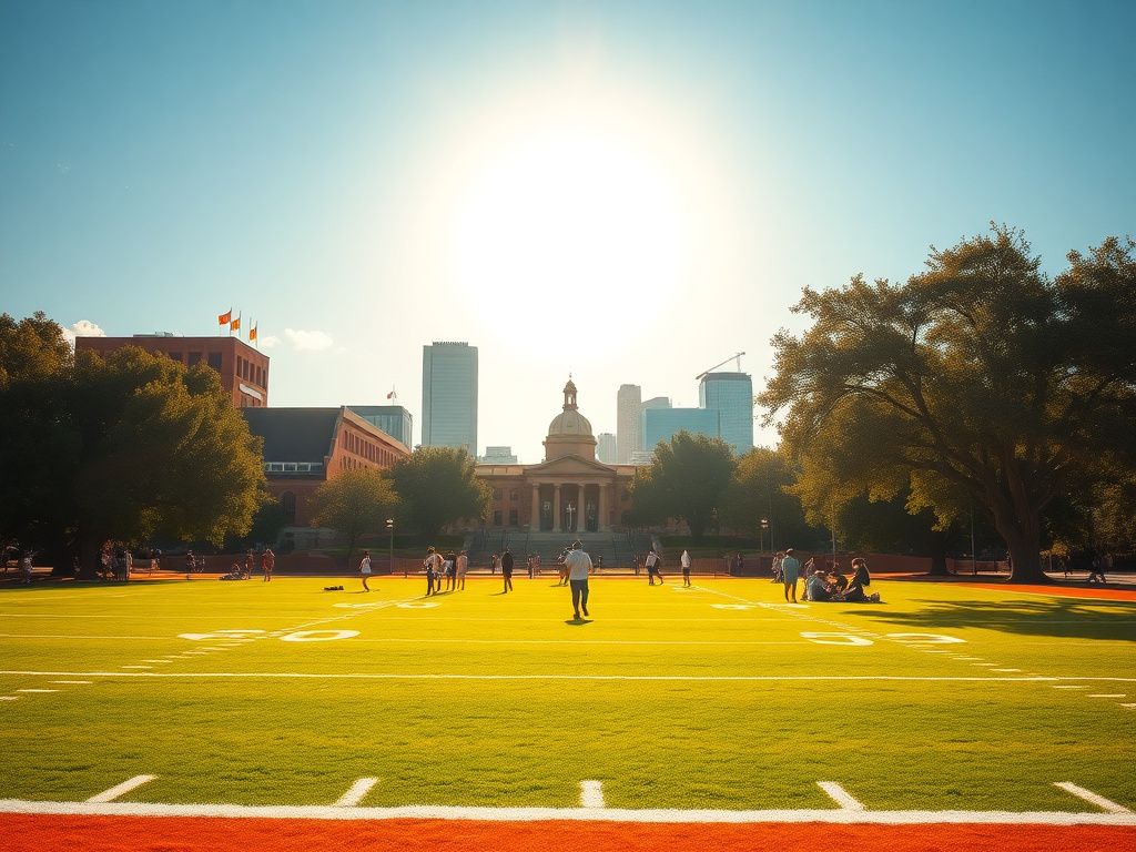 Flick International Vibrant scene of a sunlit college campus at the University of Texas with a football field