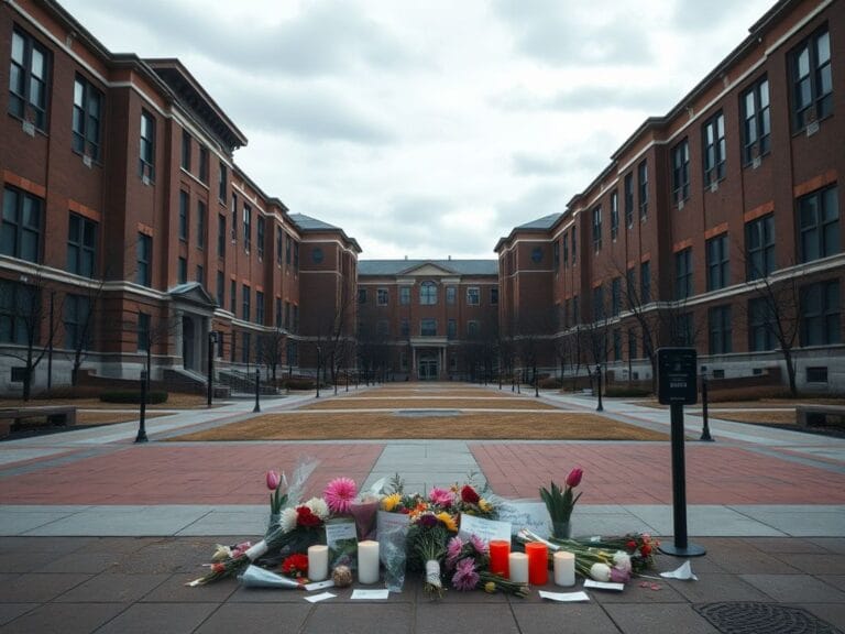 Flick International A somber view of Brown University campus with a memorial for shooting victims.