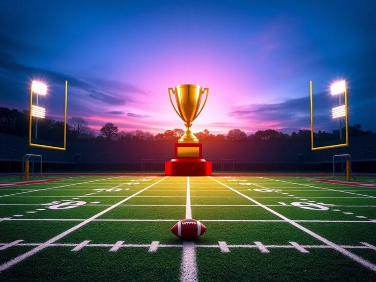 Flick International Celebratory scene of college football with an empty field and trophy