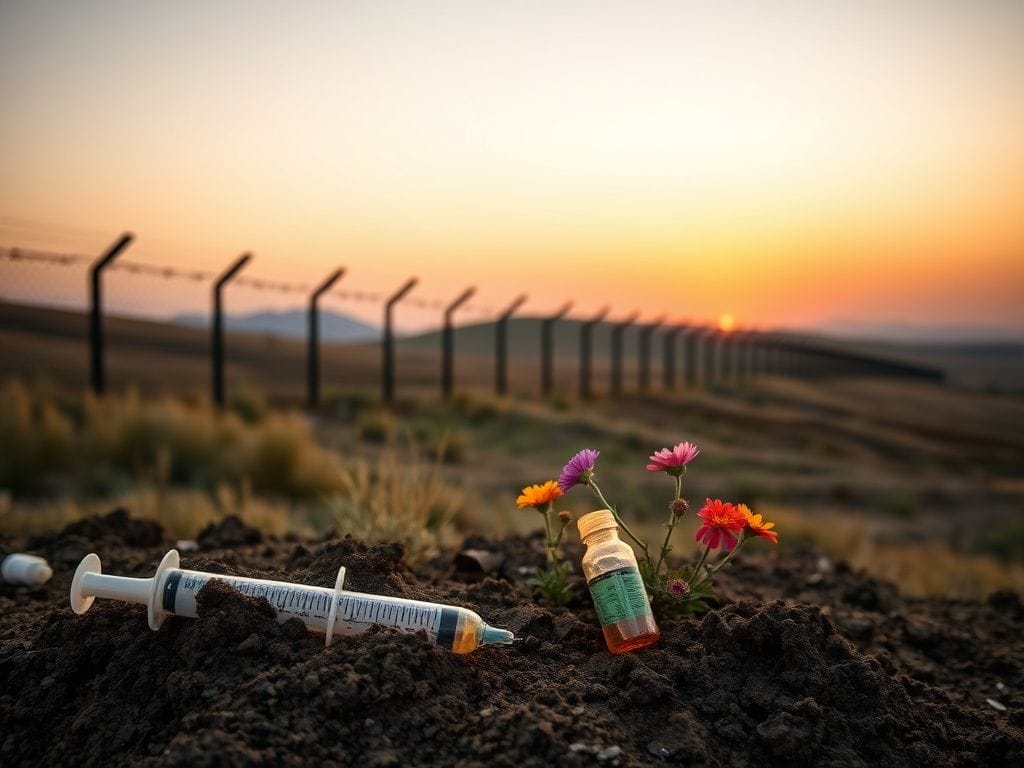 Flick International A serene scene of a secure border landscape at sunset with a barbed-wire fence and discarded drug-related items.
