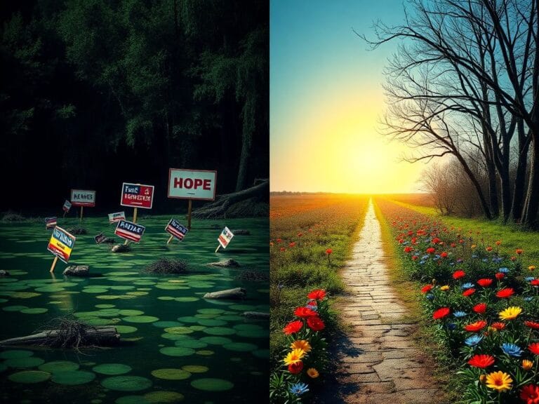Flick International A dual-sided representation of a political landscape contrasting a murky swamp and a bright path symbolizing hope and change