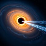 Flick International Supermassive black hole M87 emitting a 3,000-light-year-long jet stream amidst a cosmic backdrop.