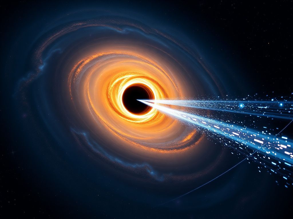 Flick International Supermassive black hole M87 emitting a 3,000-light-year-long jet stream amidst a cosmic backdrop.