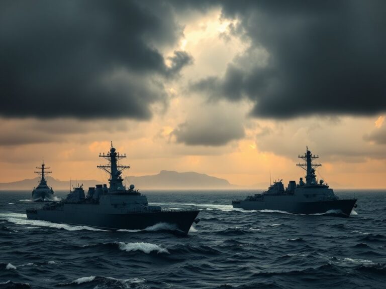 Flick International Military naval vessels silhouetted against stormy skies in the Middle East
