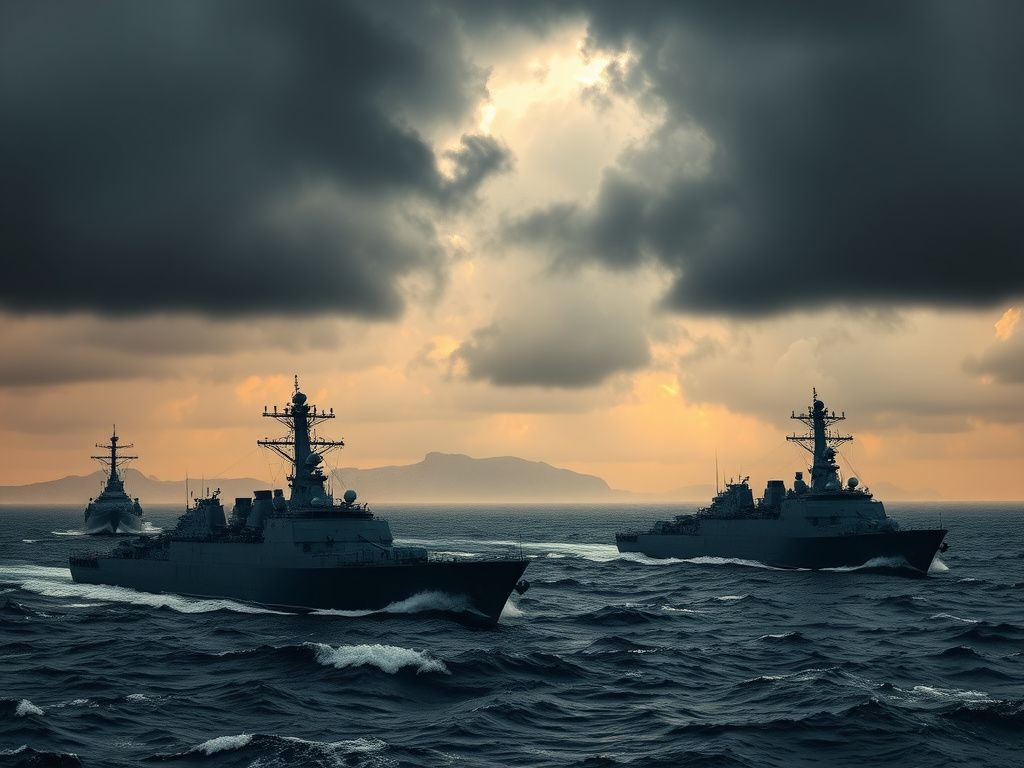 Flick International Military naval vessels silhouetted against stormy skies in the Middle East